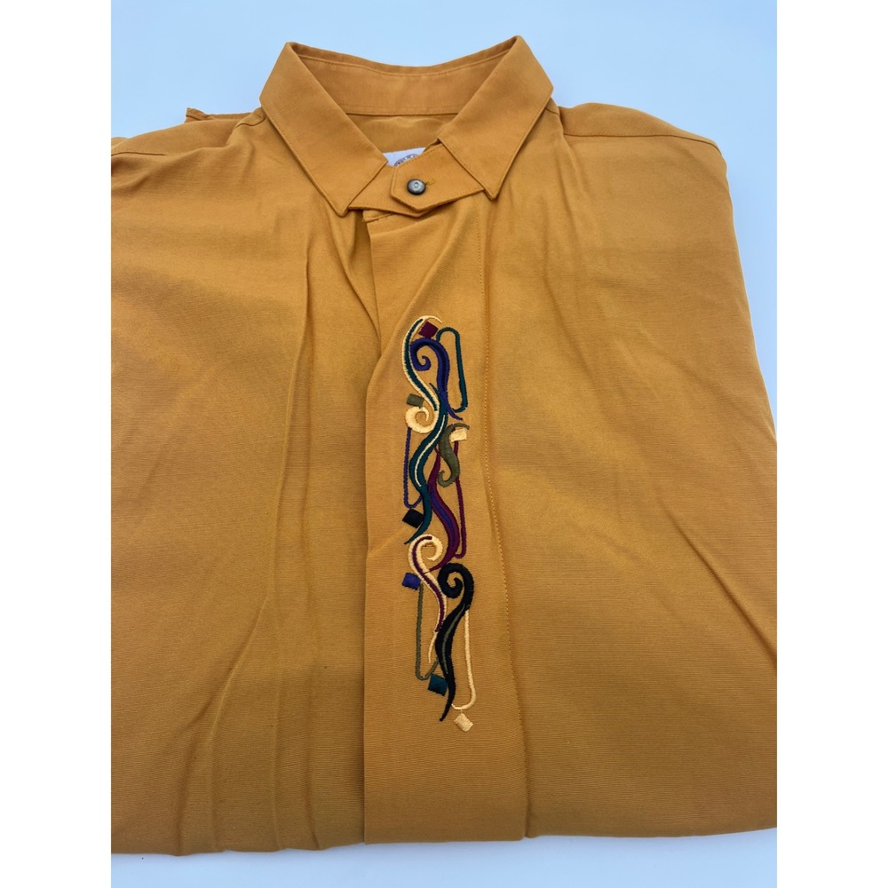 Vintage Policy Studio Mens Mustard Yellow Embroidered Button Club Shirt Medium